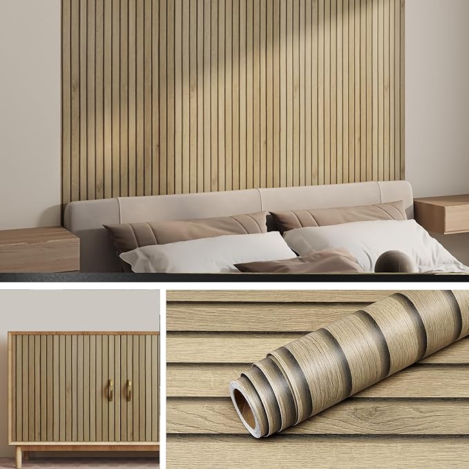 Livelynine Slats Wood Wallpaper Peel and Stick Removable Natural Wood
