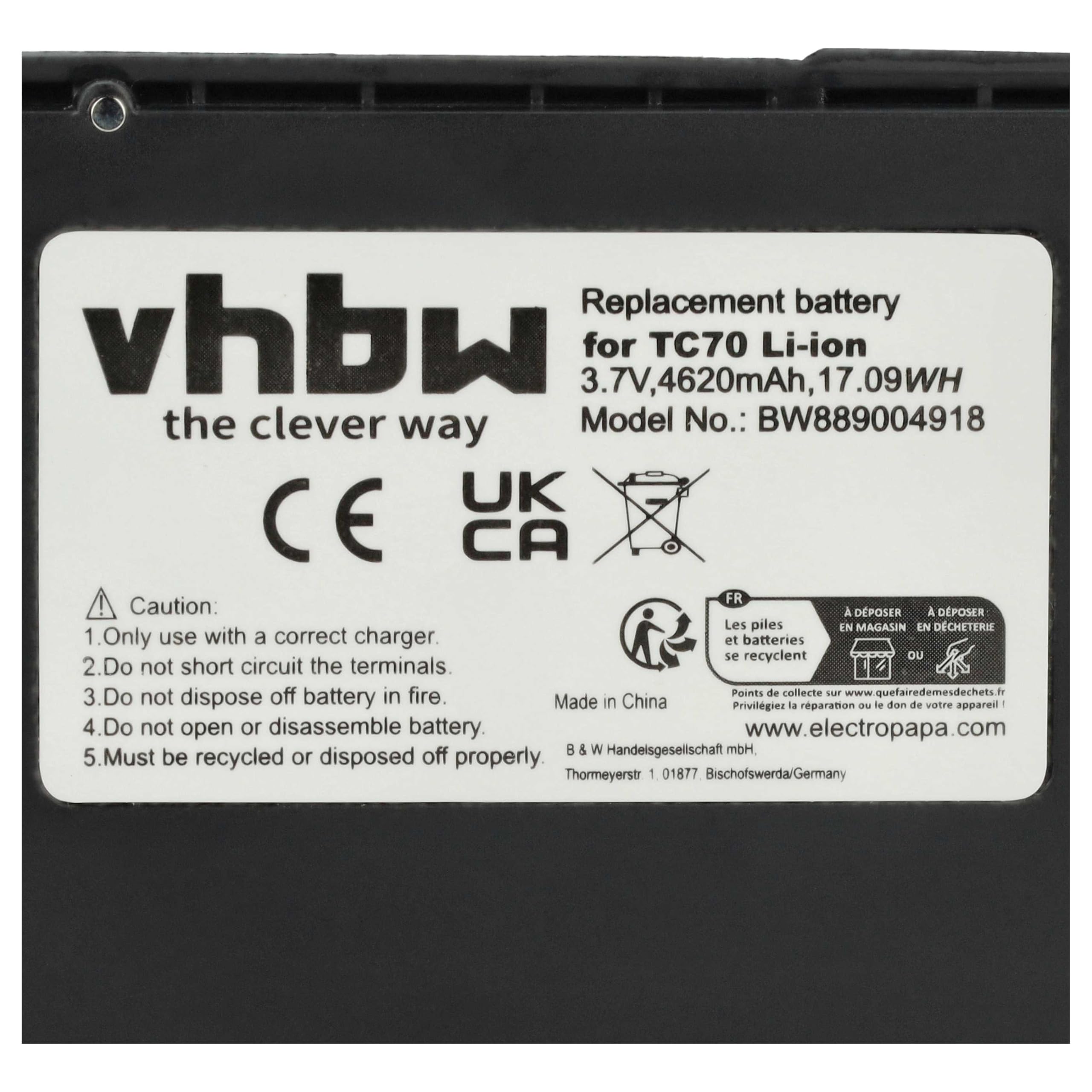 vhbw Bateria zamienna do Zebra 82-171249-02, BT-000318, BTRY-TC7X-46MAH-01 do skanera kodów kreskowych POS (4620 mAh, 3,7 V, Li-Ion)