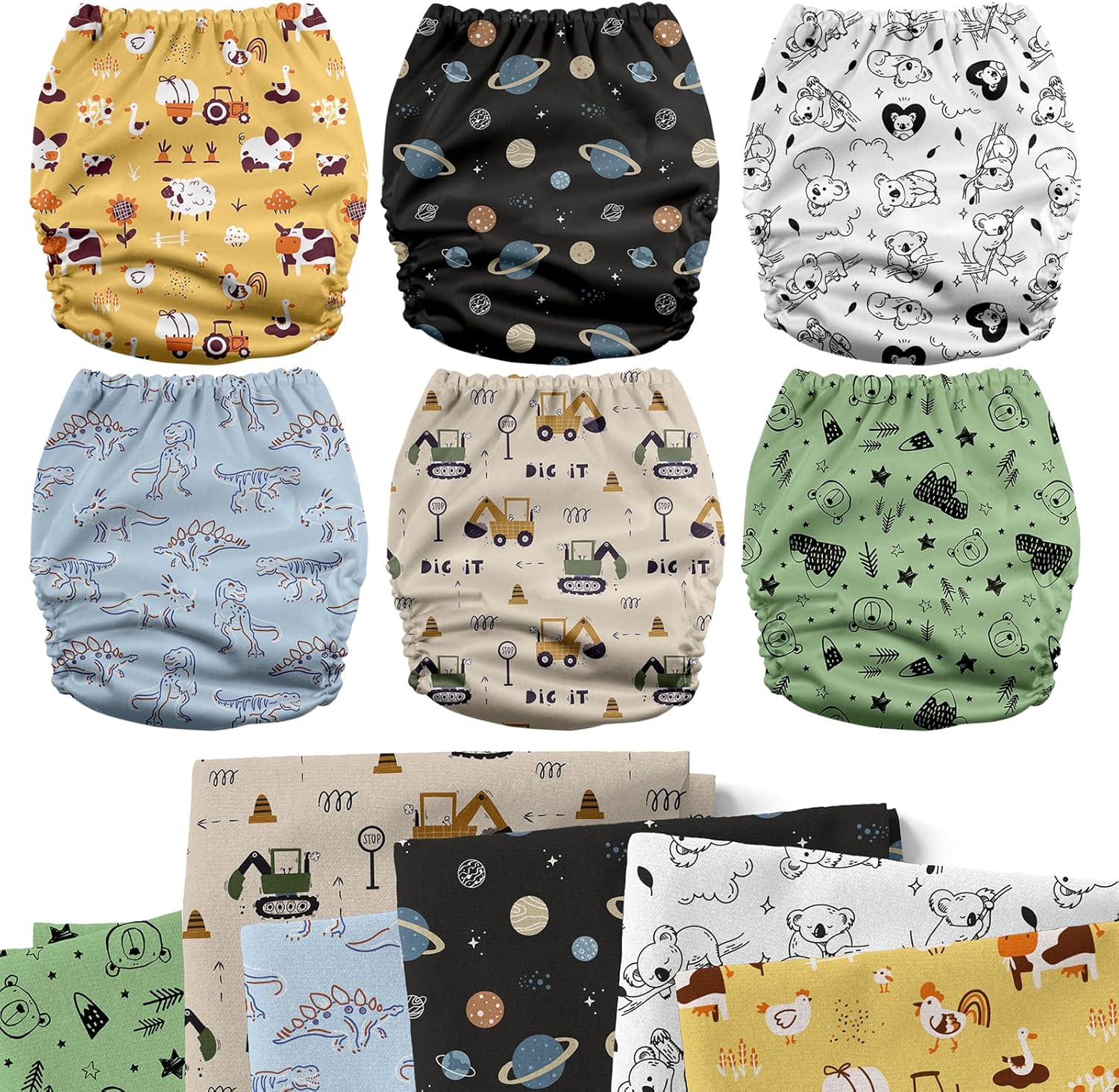 Mama Koala 3.0 Baby Cloth Diapers with 6 Inserts Bundle, with 6pcs 6-Layer Bboo Hemp Cotton Inserts, and 2 Rolls Natural Liners