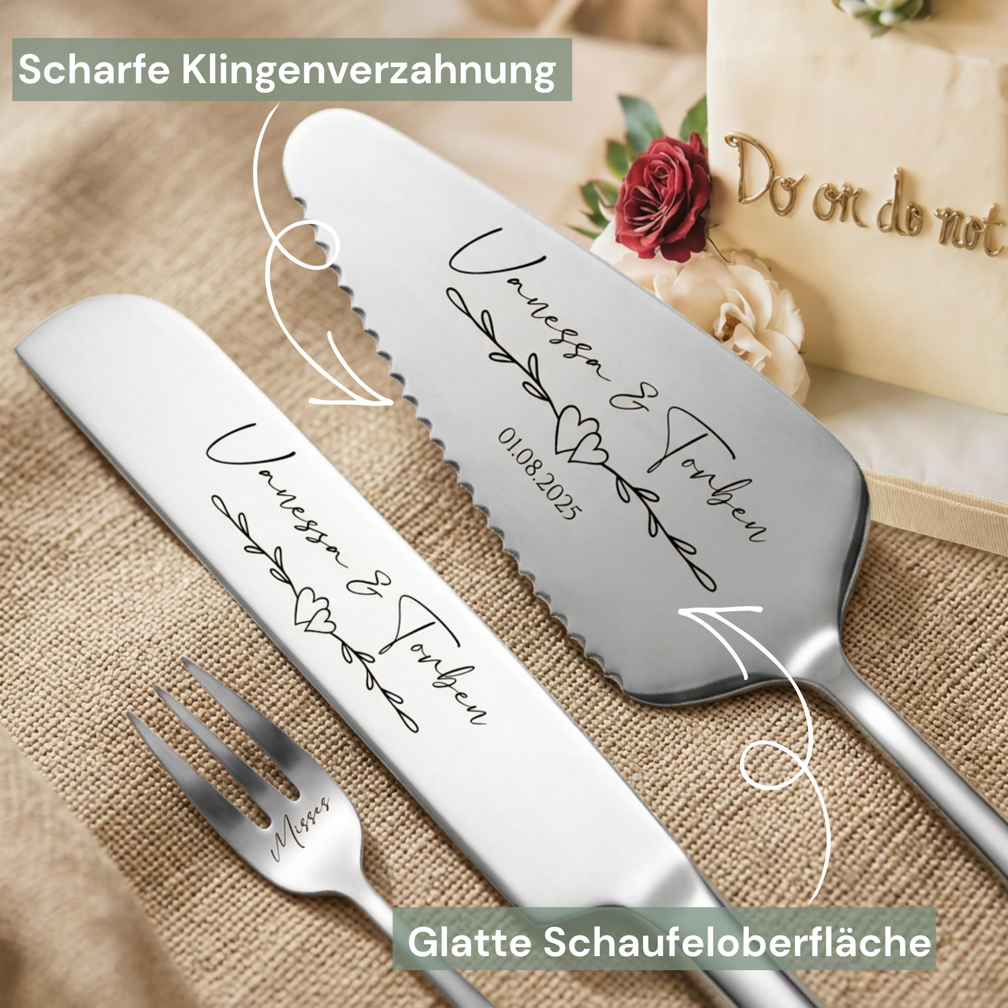 SMARTEON Let's Eat Cake Cake-Server Set mit Tortenmesser und Personalisierter Gravur – Geschenke für Brautpaar, Geburtstag, Jubiläum,Konfirmation,Kommunion, Muttertag (Gold+Gabeln, Initialien)