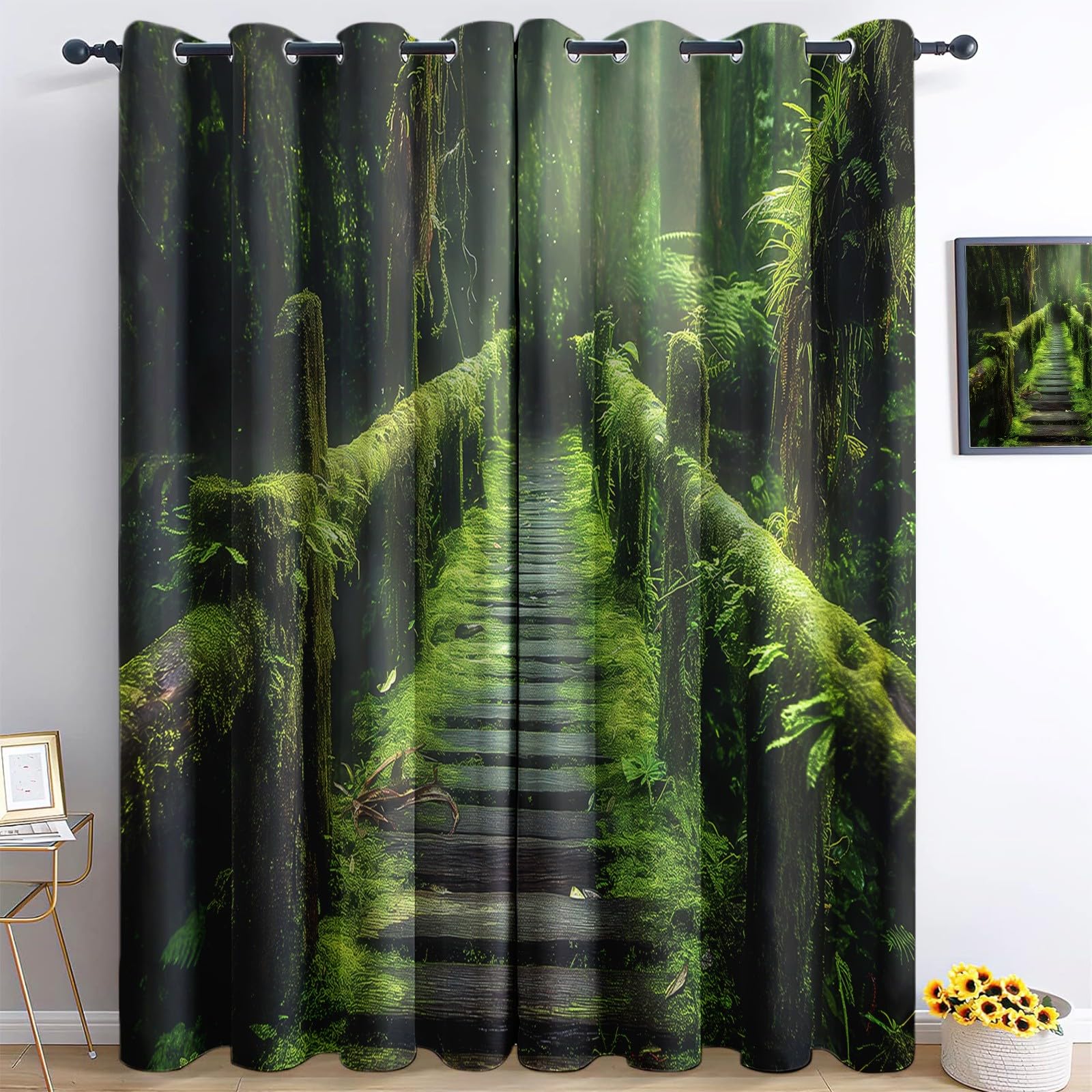 Rideaux opaques à œillets décor forêt naturelle et pont vert