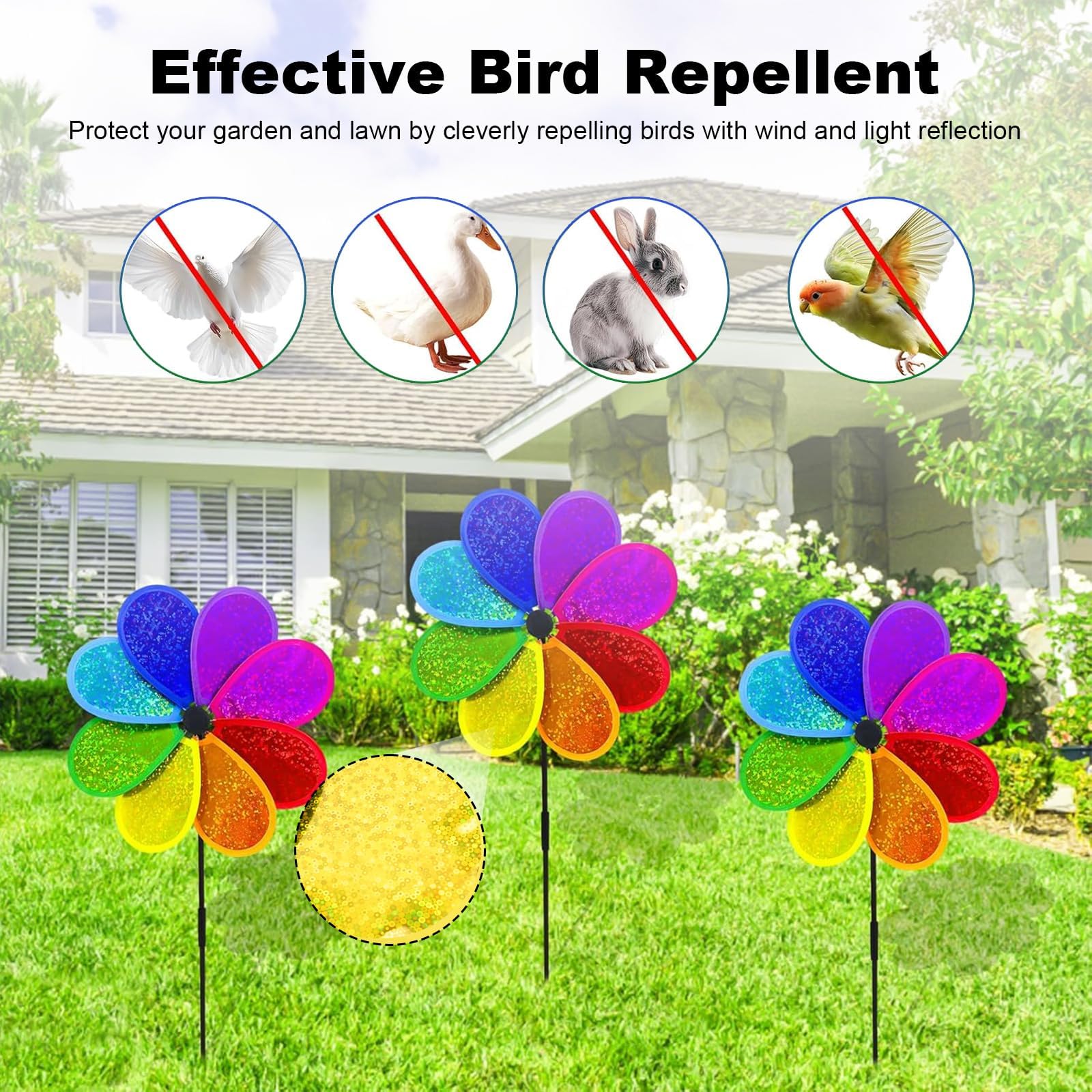 PARFCO Molino de Viento, 4 Piezas Molinillo de Viento, 30cm Molinillos de Viento para Pajaros, Lentejuelas de Ocho Hojas Molinetes, Altura Total 71cm, con Puntas Adjuntas, para Jardín, Balcón, Césped