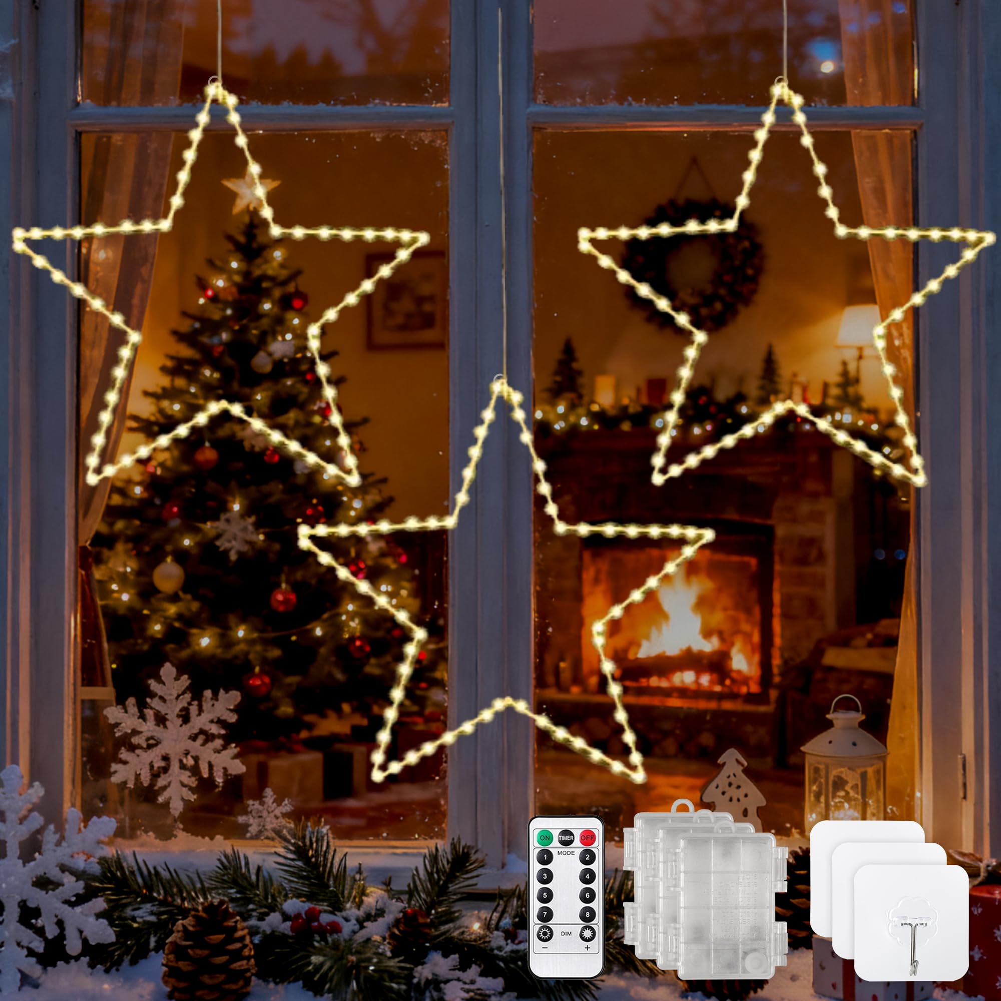 Etoile lumineuse Noël lot de 3 rideaux 135 LED à minuterie pour fenêtre