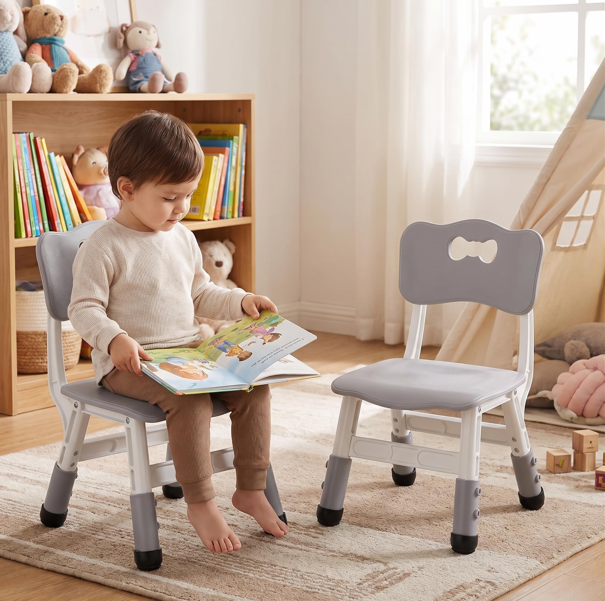2PCS Chaise de Bureau Enfant Réglable en Hauteur - Tabouret Plastique Capacité 100kg pour Fille Garcon, Chambre/École/Garderie, Gris