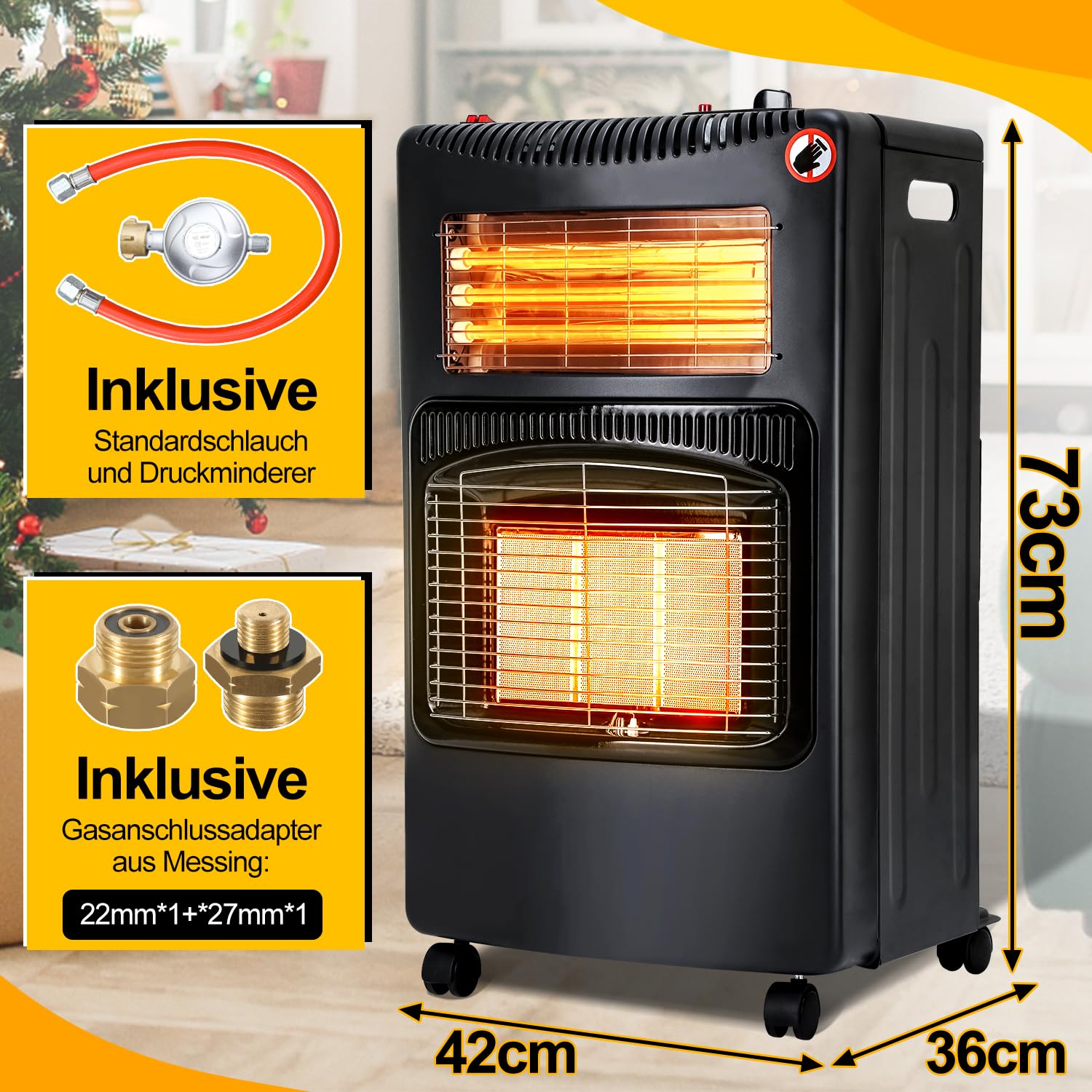 Riscaldamento a gas per interni, 4,2 kw + 1,26 kW, 3 livelli di riscaldamento, per bombole fino a 15 kg, con regolatore e adattatore