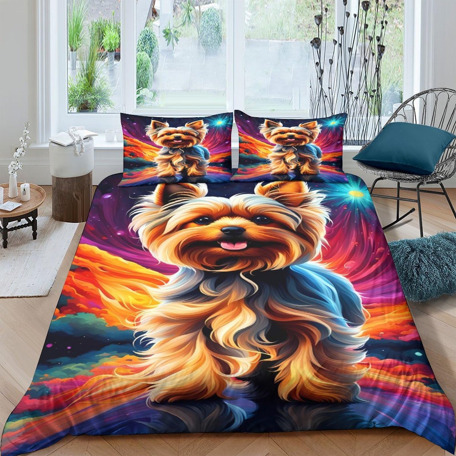 Ctjqhvkz Style-3 3D Printed Yorkshire Terrier Fitted Sheet Microfiber Colourful Art Dog Mattress Cover Bedroom Decor Washable Single（135X200cm）