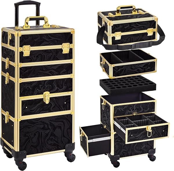 Somduy Rolling Makeup Case with Drawer, Makeup Train Case, 4 in 1Cosmetology Case on Wheels, Christmas Gift, Large Makeu