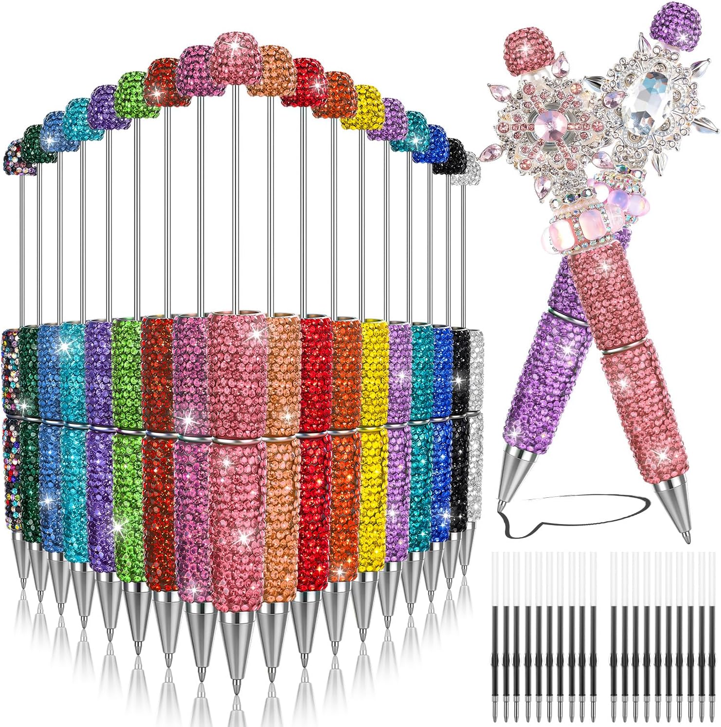 Glitter Beadable Pens, 38Pcs Full Rhinestone Fancy Pens for Beads, Diamond Beaded Pen Kit for DIY Craft Making Christmas Birthday Favor(Multicolor)