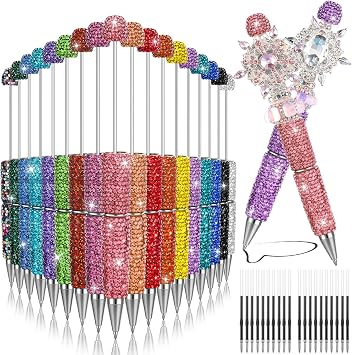 Glitter Beadable Pens, 38Pcs Full Rhinestone Fancy Pens for Beads, Diamond Beaded Pen Kit for DIY Craft Making Christmas Birthday FavorMulticolor