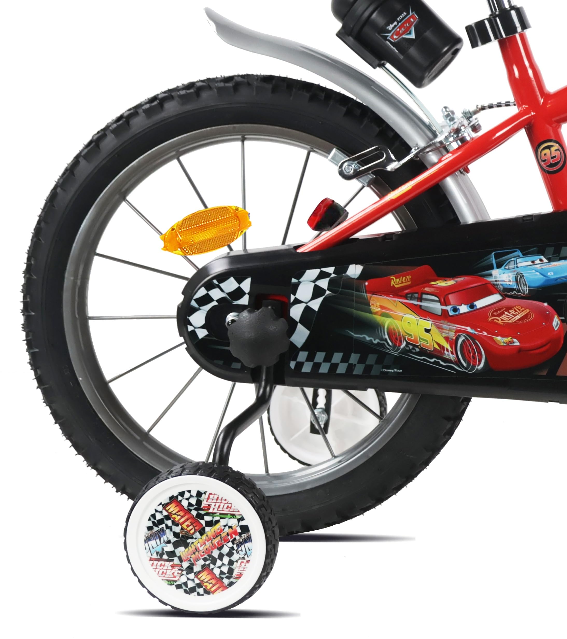 Vélo 16'' garçon Cars de Disney équipé de 2 Freins, Plaque Avant décorative, bidon arrière et stabilisateurs.