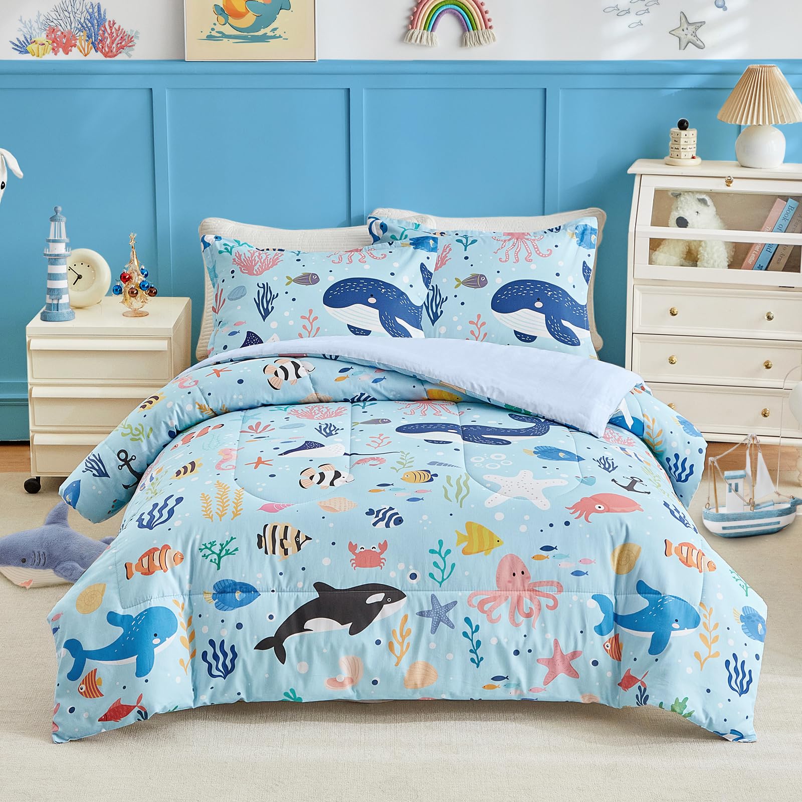 Joyreap 3pcs Cotton Twin Size Comforter Set for Kids, World of The Sea Theme Blue Design, Soft n Cozy Bedding Comforter for All Season- 68x88 inches