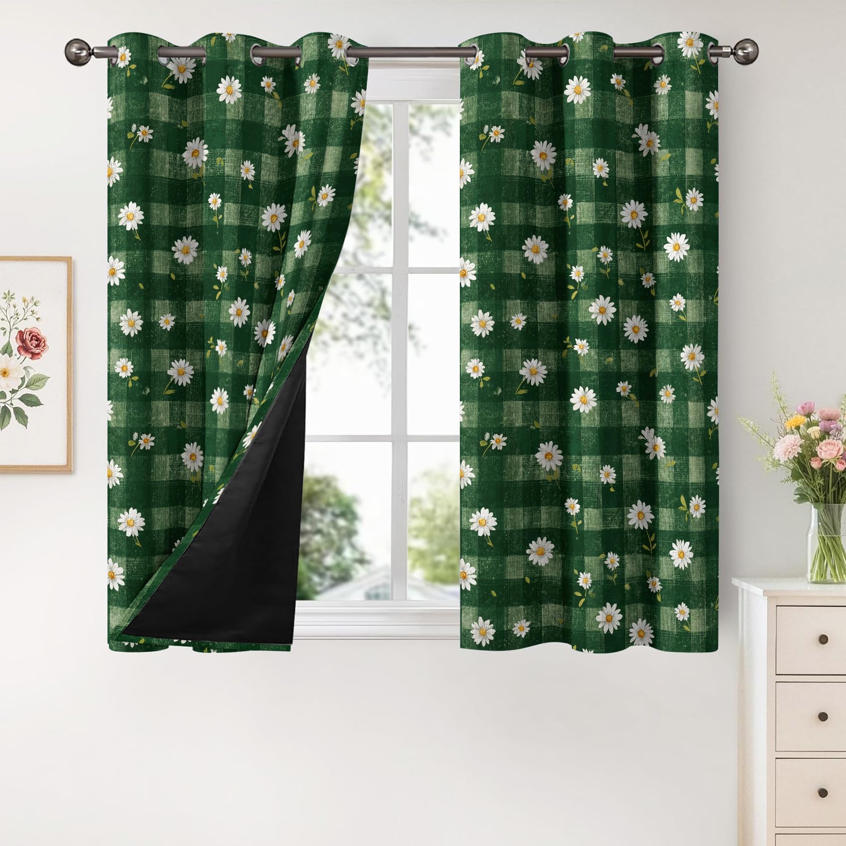 Gänseblümchen Vorhänge Mit ösen Blickdicht, Salbeigrün Blumen Karo Vorhang Schlafzimmer Wohnzimmer Küche 110 x 215 cm Lang, Übergardinen Innen Verdunklungsvorhänge