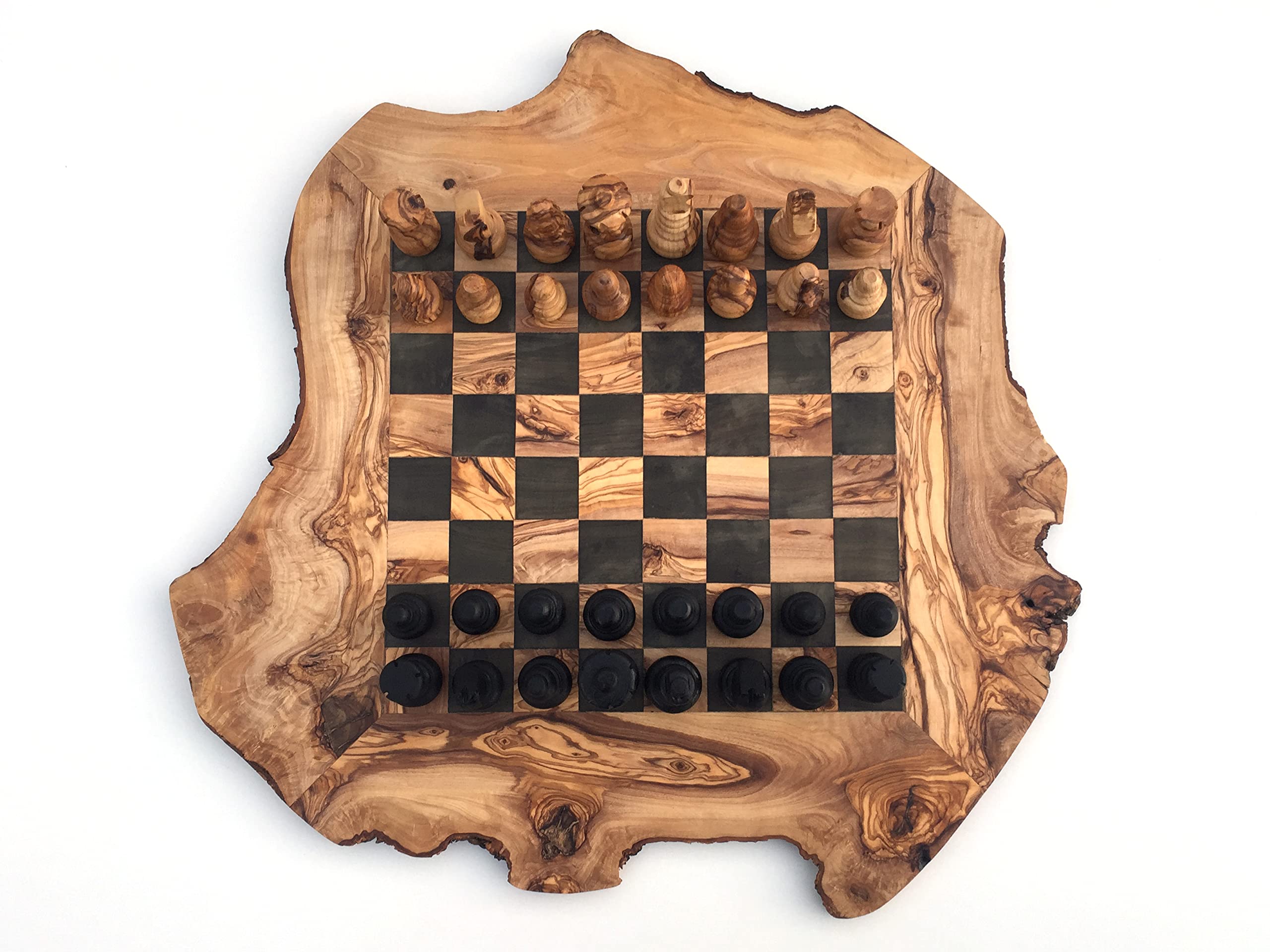 Generisch Jeu d'échecs rustique, échiquier taille XL incluant les pièces, en bois d'olivier, fait main - 2 joueurs, âge 12+