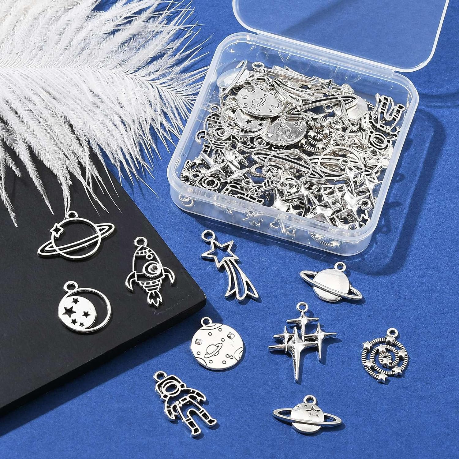KitBeads 50pcs Tibetan Planet Mixed Styles Star Astronaut Rocket Charms - Antique Silver Space Universe Charms for Jewelry Making Bulk - Image 5