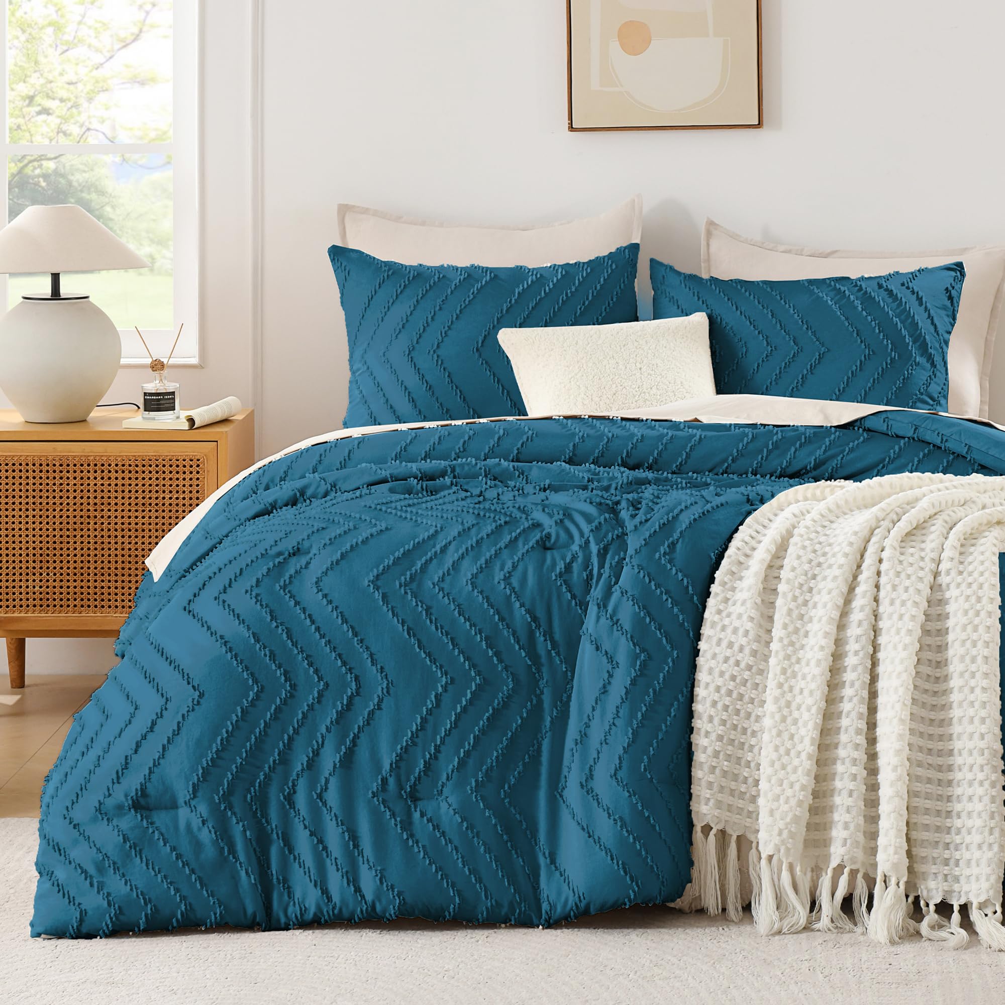 Andency Teal Comforter Set Queen Size, 3 Pieces Boho Bed Set