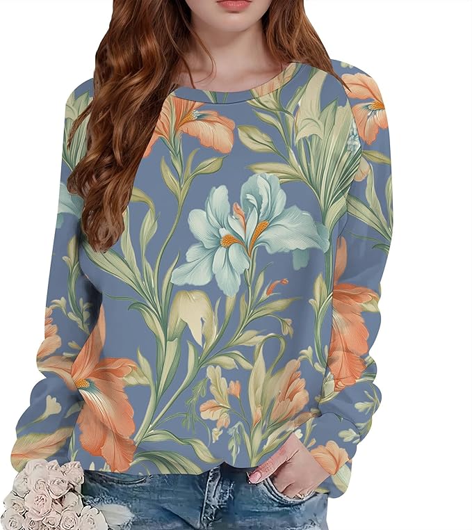 Womens Fall Floral Print Tops Boho Graphic Sweatshirts Crewneck Fall Winter Fashion Casual Outfits Tops for Women