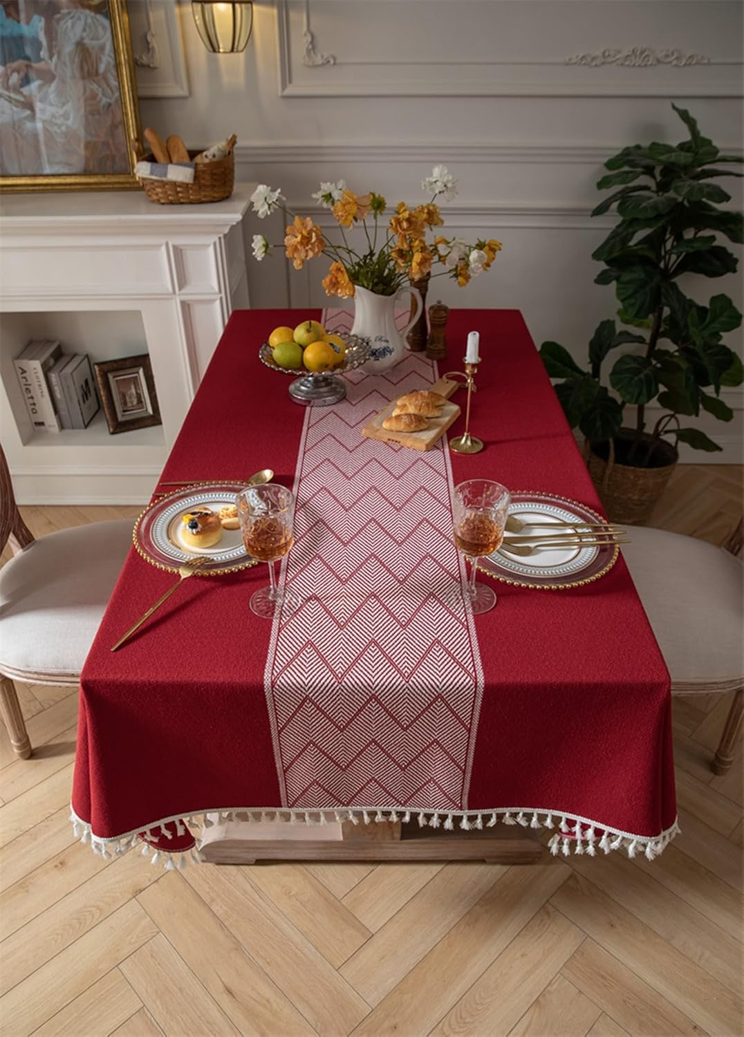 Rectangular Tablecloth, Polyester Dining Table Cover Washable Jacquard Wave Pattern with Tassels Table Cloth for Outdoor and Indoor Use, Red, 140x160CM (63x55Inch)