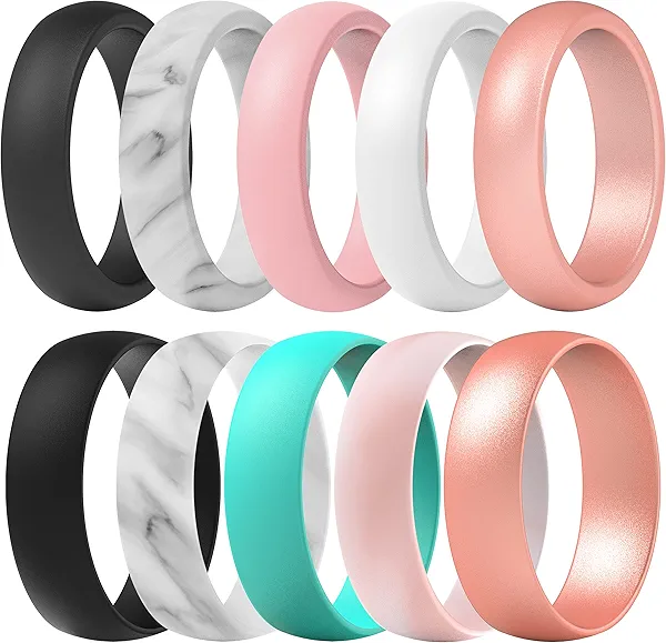 ThunderFit Silicone Wedding Rings for Women, Classic and Round 10 Mixed Rubber Engagement Bands