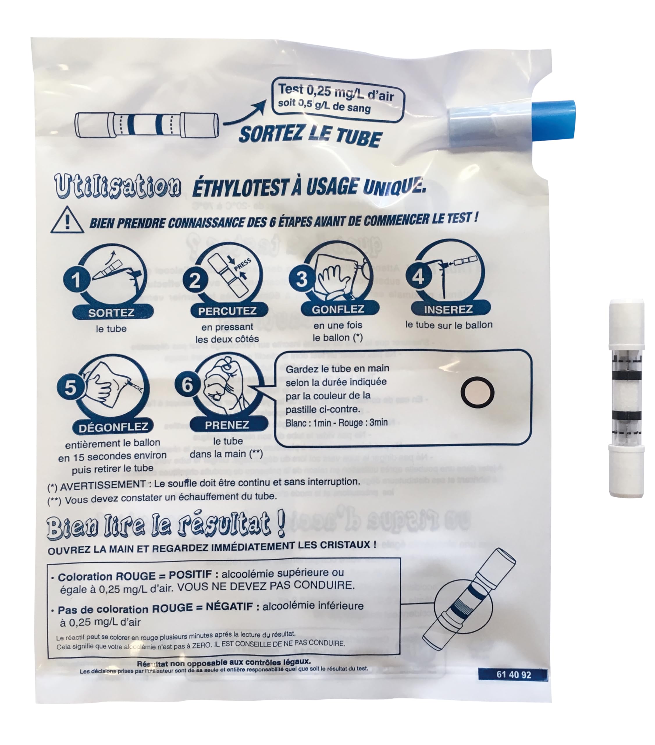 Ethylotest 0,5g/l (Lot de 50) - Test Alcool à Usage Unique, soufflez Vous saurez [ Alcootest Label NF certifié ]