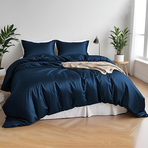 Miniatura 9 de Linenwalas Juego de funda de edredón tamaño matrimonial, viscosa derivada de bambú, suave, transpirable, ligera, refrescante, con cierre de