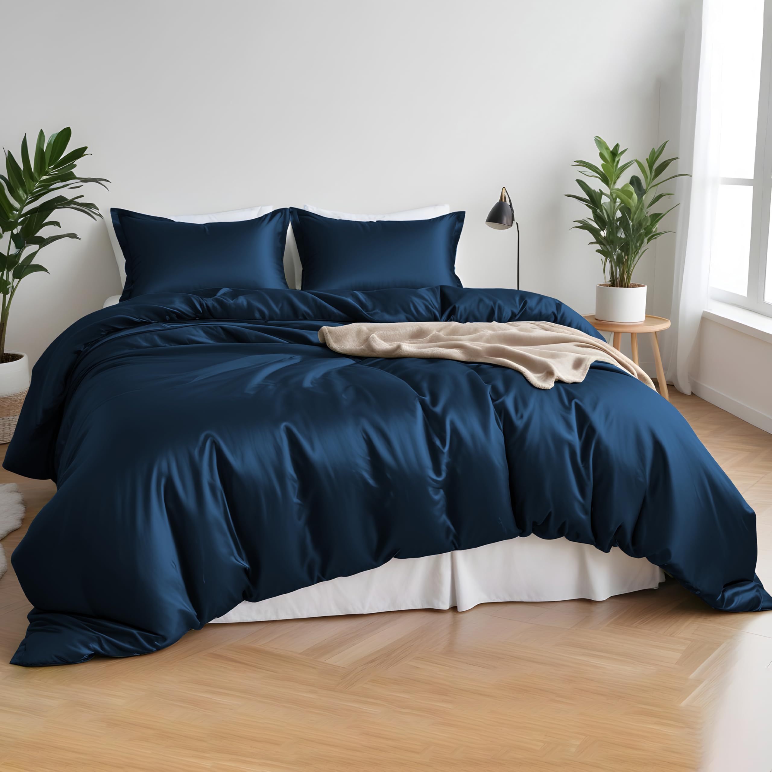 LINENWALAS Set completo di biancheria da letto super king size, 100% bambù biologico, 1 copripiumino, 1 lenzuolo con angoli, 2 federe (super king, blu navy)