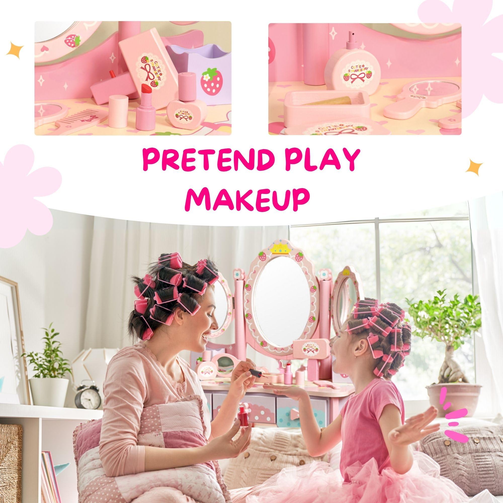 Tocador Infantil de Madera con Taburete y Cajones. Mesa de Maquillaje para Niñas con Accesorios y Espejo Plegable. Juego de Tocador de Maquillaje y Silla para Niña +3 Años, para Regalo de Cumpleaños.