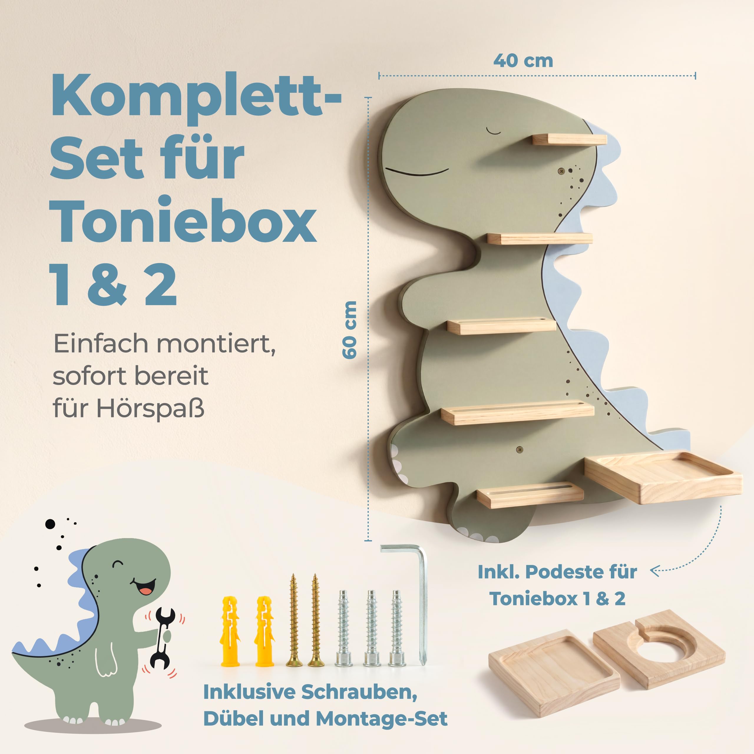 Little Goldie® Tonie Regal - für Tonie Figuren (magnetisch) und Box - Dino Motiv für Jungen und Mädchen - hängend - für Toniebox 1 und 2