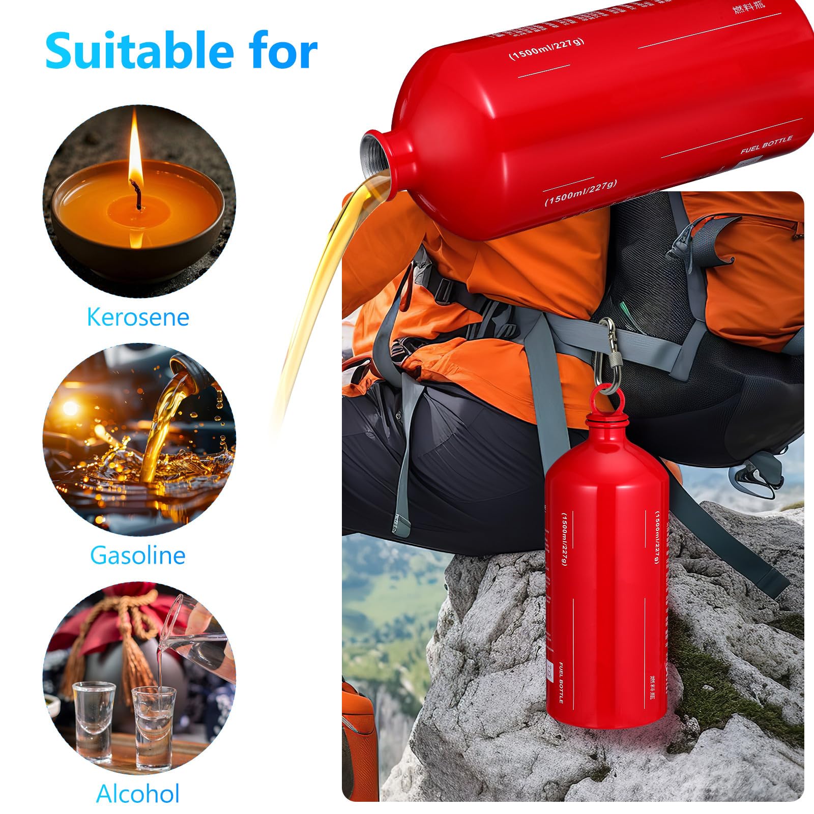PATKAW Bouteille de Carburant en Alliage D'aluminium 1500ml Bouchon Anti-fuite, Réservoir de Secours pour Moto et Camping en Plein Air