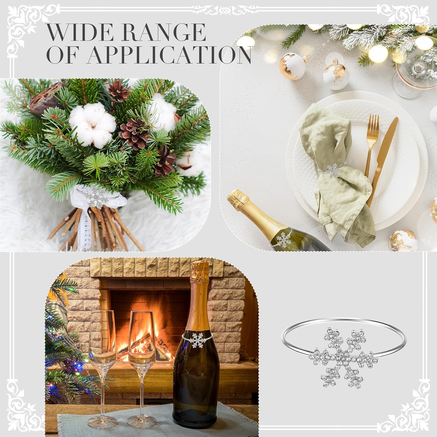 Zhehao 24 Pcs Christmas Snowflake Napkin Rings Crystal Napkin Holders Set Metal Napkin Buckles Rhinestone Serviette Buckle for Xmas Thanksgiving Wedding Party Holiday Dinner (Silver)