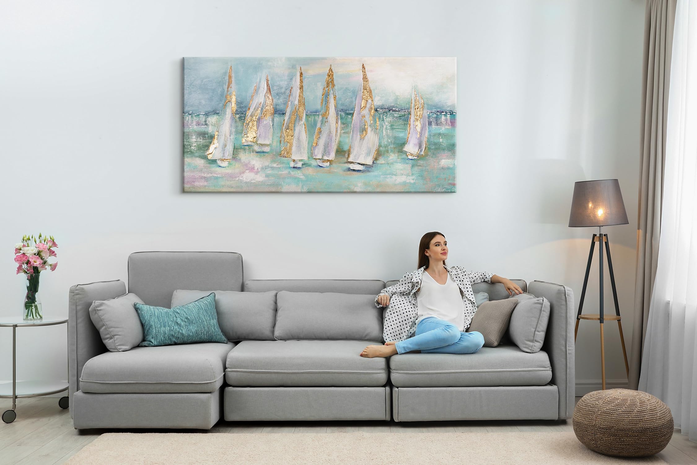 YS-Art Bellissimo murales per il Soggiorno barche a vela paesaggio marino in blu con oro moderno arredamento casa Immagini arte moderna 200x100 cm