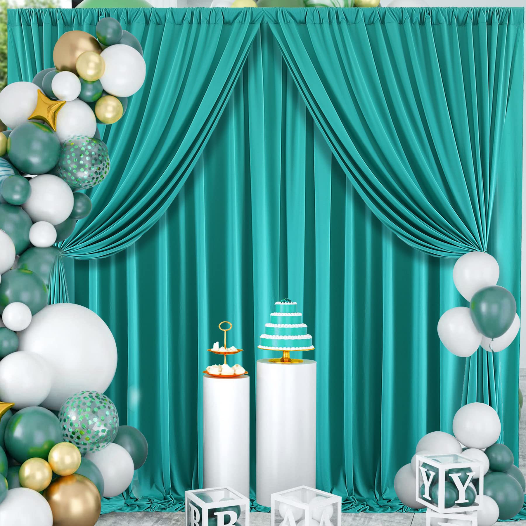 10x10ft Turquiose Backdrop Curtains for Parties, 2 Panels 5x10ft Wrinkle-Free Polyester Background Curtains for Wedding, Birthday, Baby Shower,