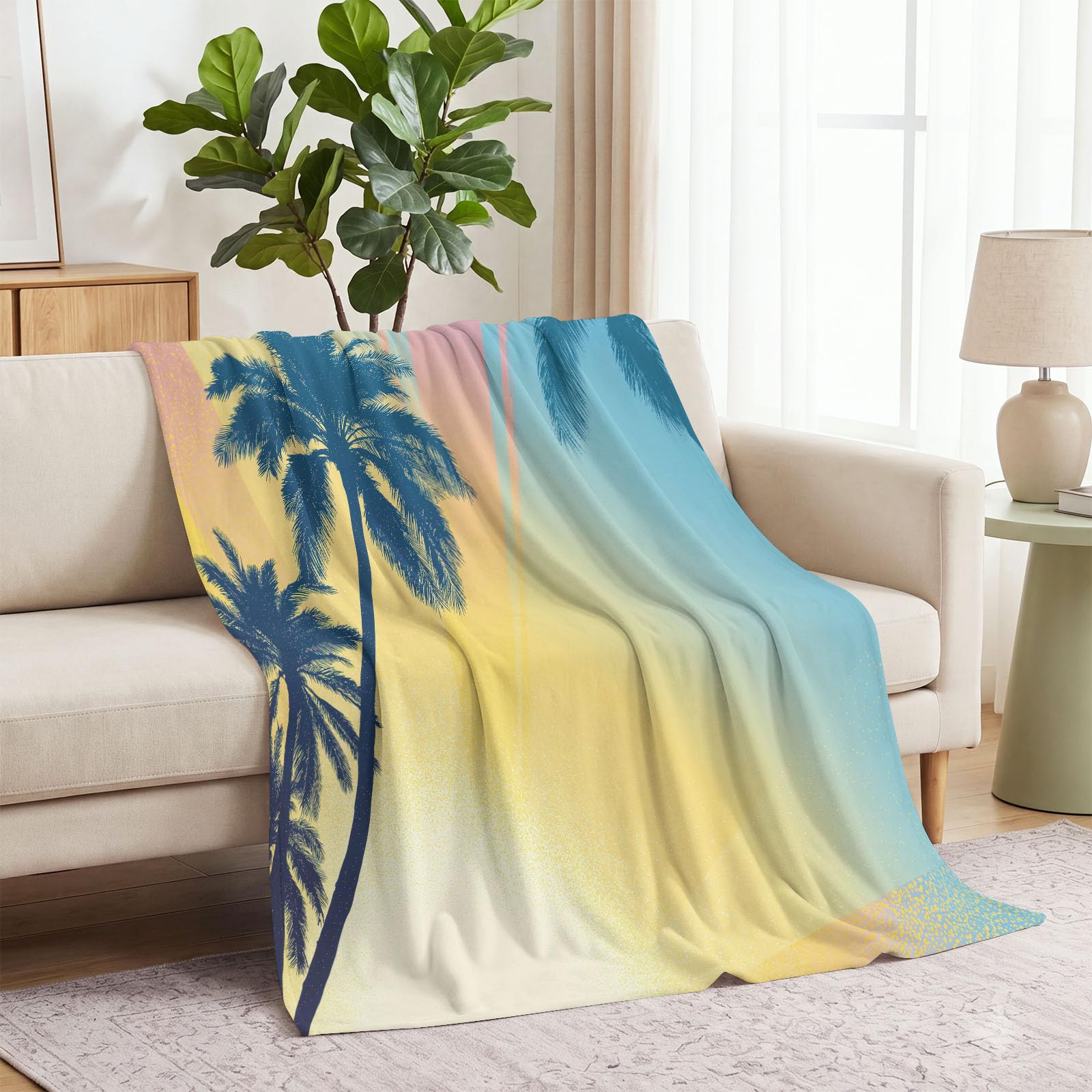 Podwójny koc 200 x 220 cm, naturalna owca, plaża, tropikalna palma, liście słoneczne, nadruk, miękki, przytulny, flanelowy, puszysty, pluszowy koc dla kobiet, dziewcząt, dzieci, dorosłych, nastolatków