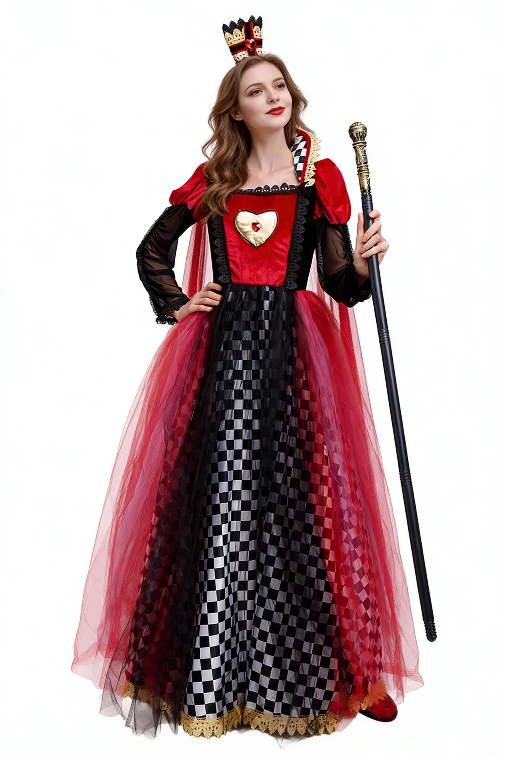 ANDHOM Women's Queen of Hearts Costume Alice in Wonderland Cosplay Fancy Dress with Crown Gloves