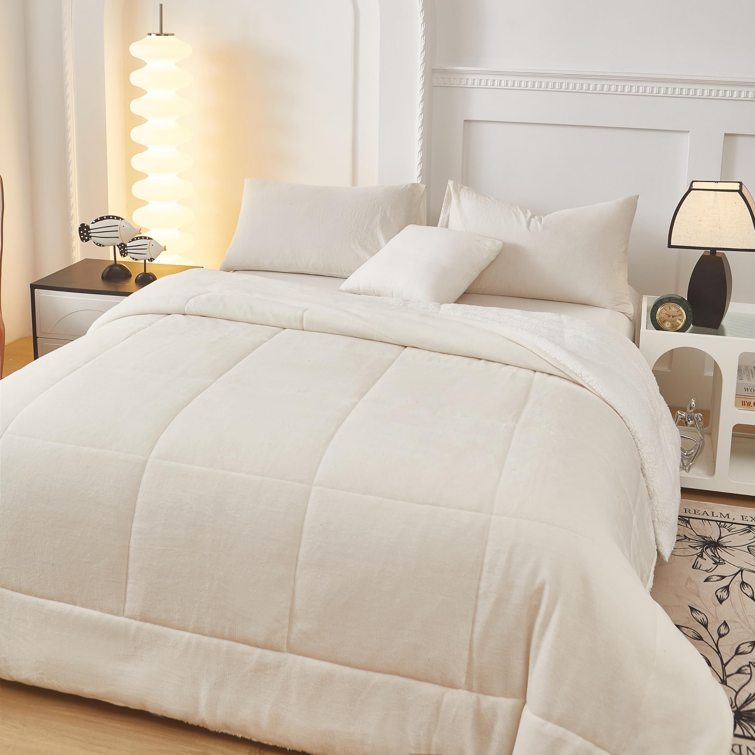 Fanny & Céline Couverture Lux 650 GSM Sherpa+Flanelle Réversible 240x260cm Double Face rembourrée Super Chaude et Douce DBPV-018 Blanc Naturel