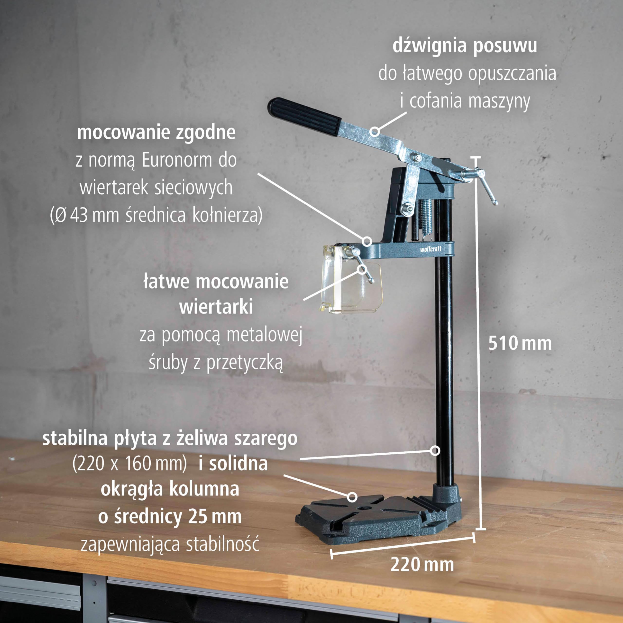 wolfcraft Stojak wiertarski SOLID – kompaktowe rozwiązanie do wiercenia o ograniczonej głębokości – wysięg 112 mm i skok 55 mm – 5028000
