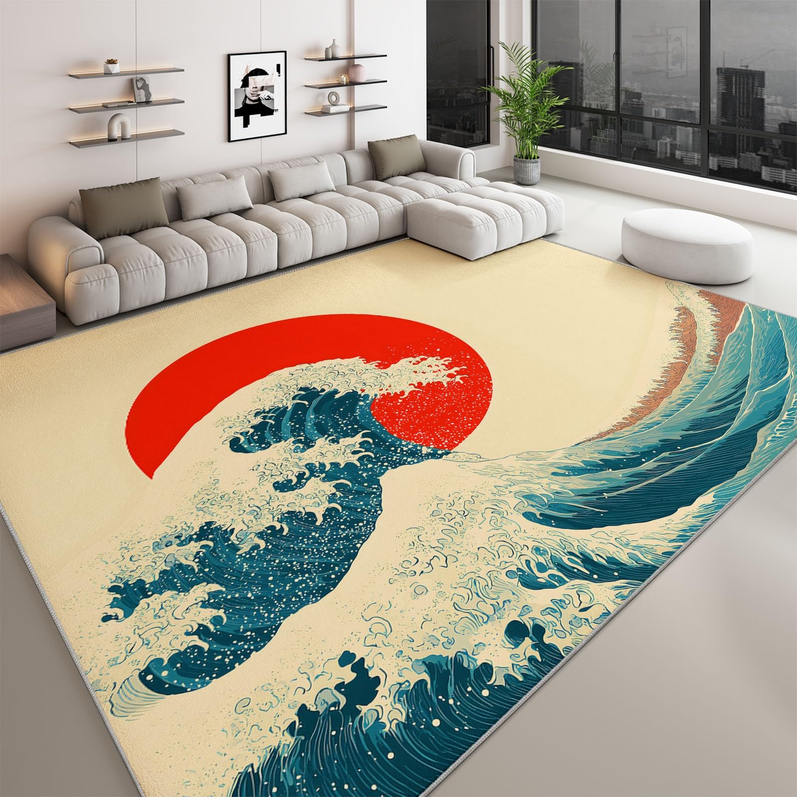 Tapis Doux À Poils Courts Japonais Rétro Vagues Soleil Rouge, Tapis de Décoration Imprimé Beige pour Salon Chambre Salle à Manger Bureau Entrée 80 x 150 cm - Lavable en Machine