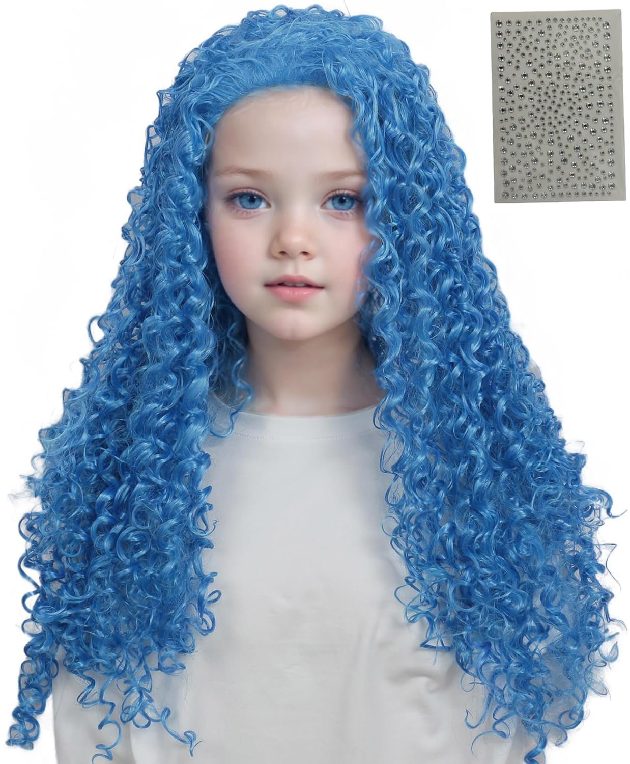 Linfairy Long Blue Princess wig Halloween Party Cosplay Costume Wigs Small Size with Gems Face Stickers Blue Small