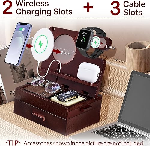Miniatura 3 de MD MADOATS Estación de acoplamiento de madera para teléfono, regalo para hombres, soporte de carga para teléfono celularrelojaudífonos, organizador