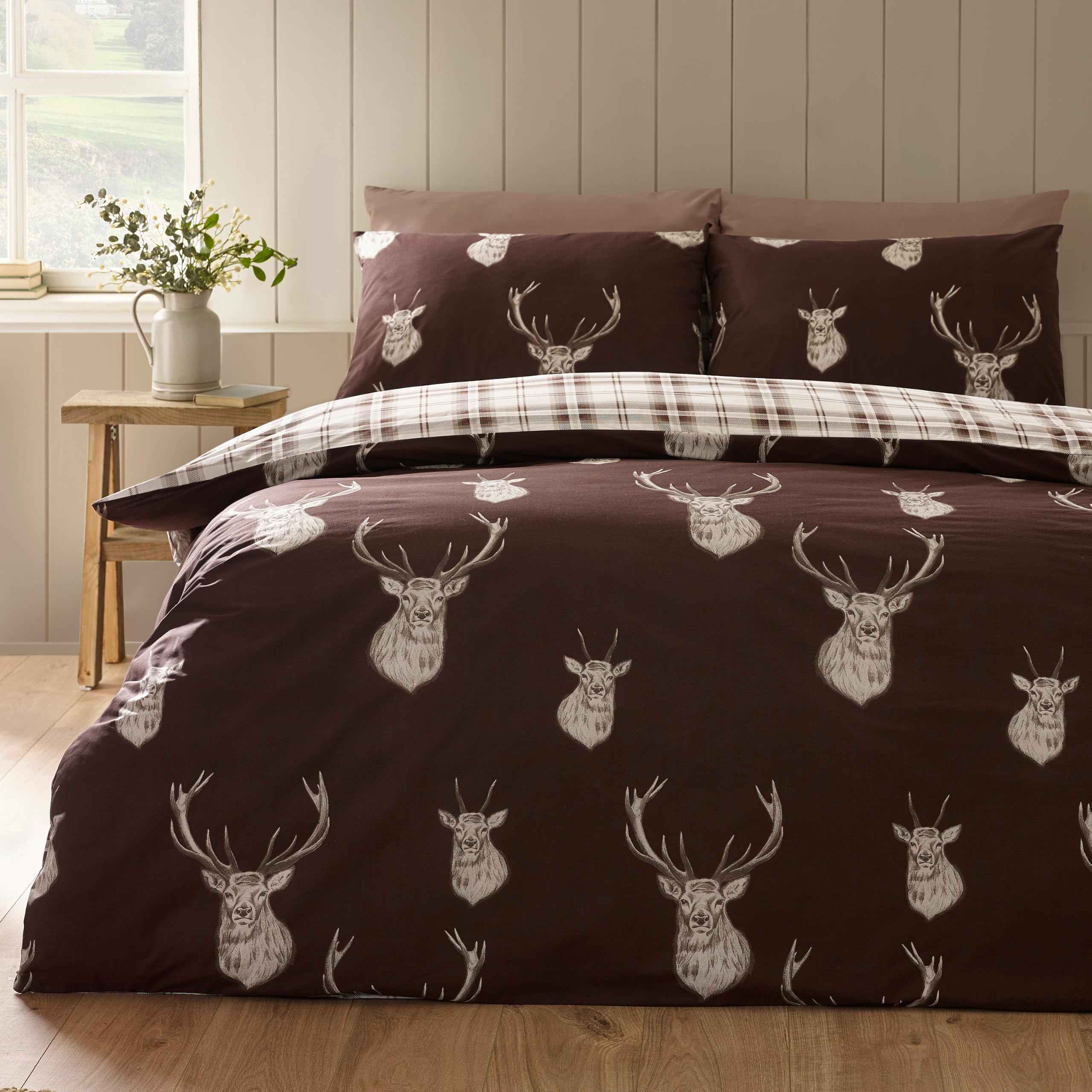 Catherine Lansfield Stag Check Double Duvet Cover Set Chocolate