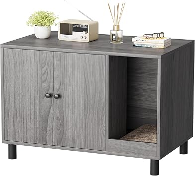 WARCAT Cat Litter Box Enclosure, Modern Hidden Litter Box Enclosure Furniture, Hidden Washroom with Scratch Pad, Barn Door Design, Indoor Cat House & End Table Grey