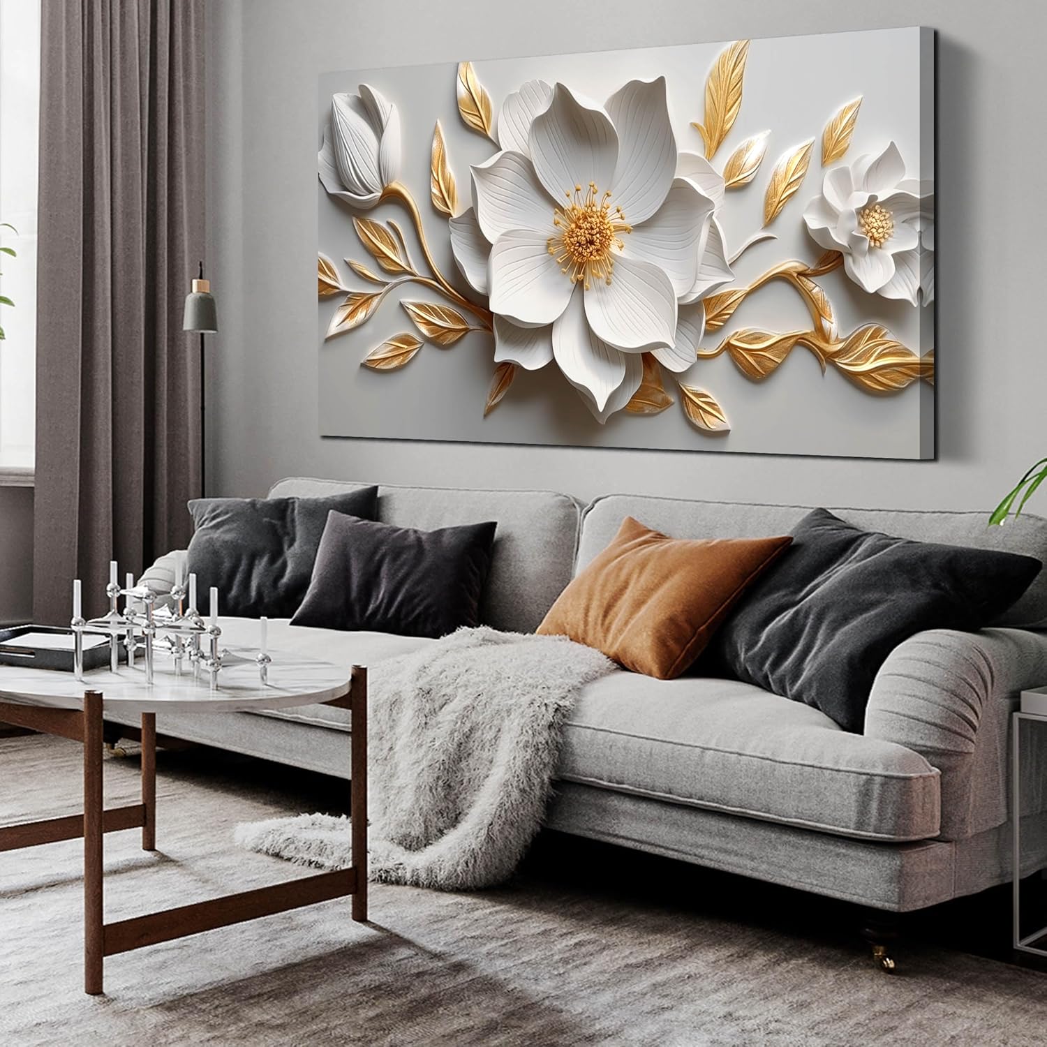Canvas Wall Art for Living Room Bedroom Office White and Gold Flower Artwork Large Botanical Wall Art Framed Wall Decor Modern Canvas Prints 29x59 In 29"L x 59"W white