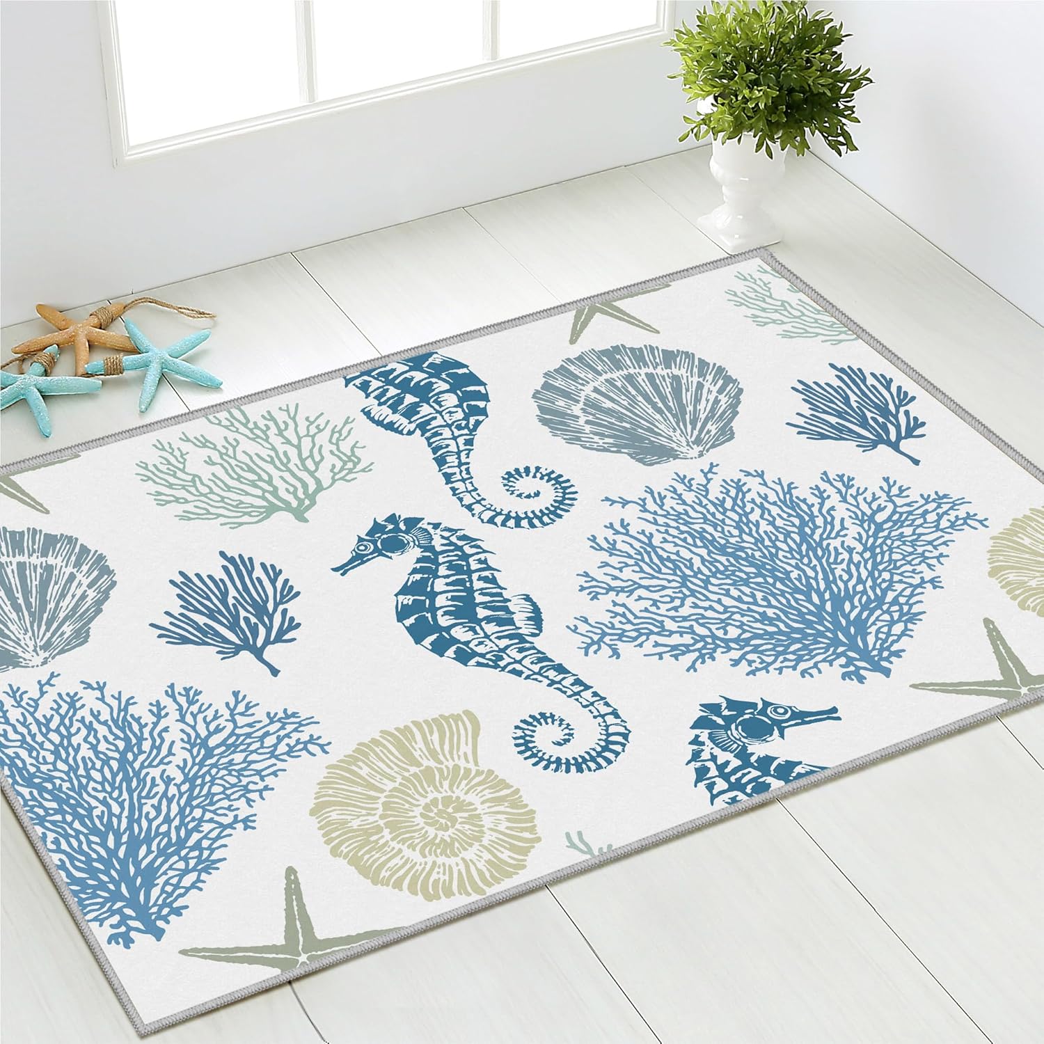 Coastal Ocean Nautical Rug for Bedroom Living Room, Soft Low Velvet Carpet, Washable Beach Area Rug Modern Light Blue Seahorse, 2x3 Seahorse 2x3 Feet