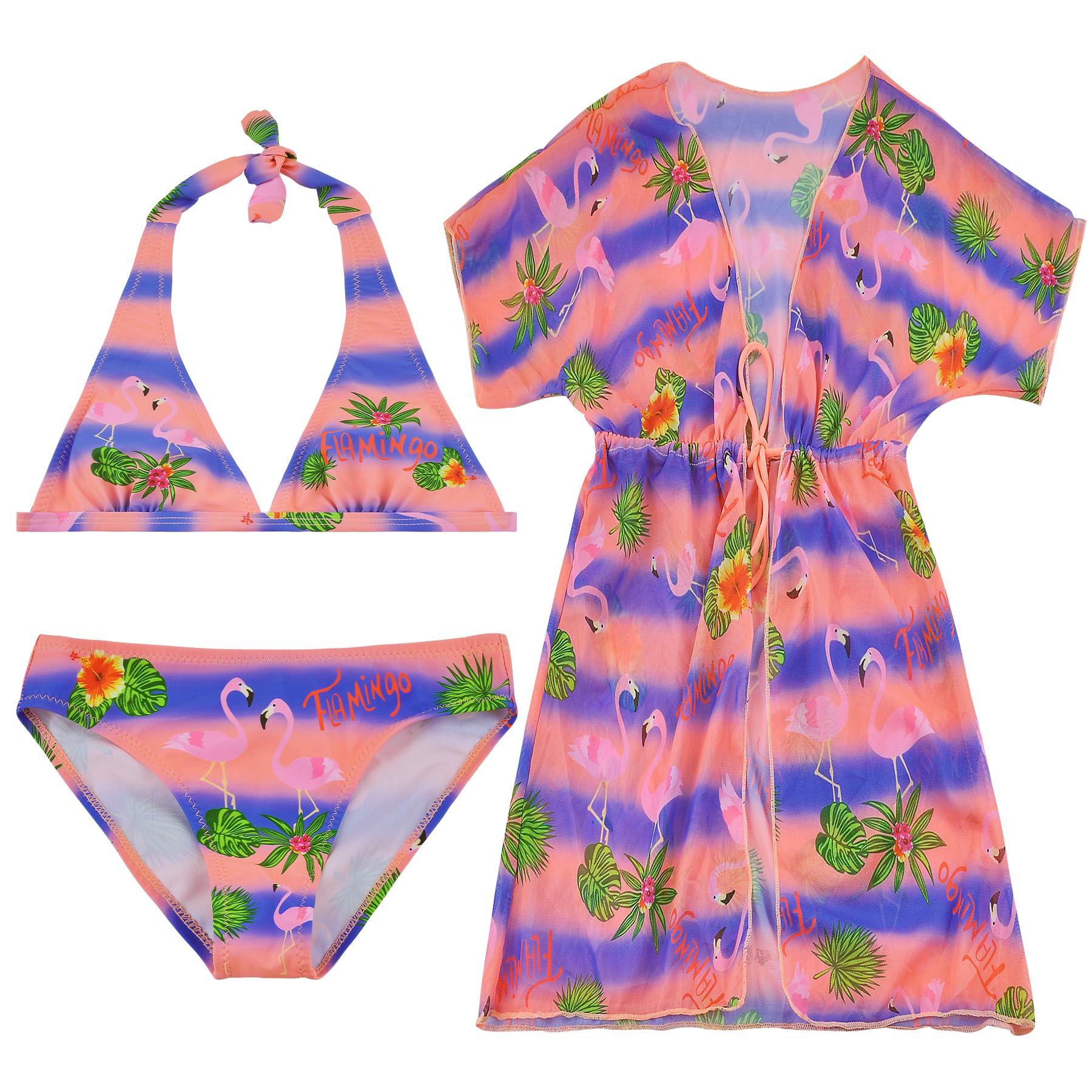 Power Flower Conjunto de Natación para Niñas Traje de Baño de Tres Piezas con Bikini y Cubierta para Niñas de 8 a 16 Años (8-10 Years, LA583-Purple)