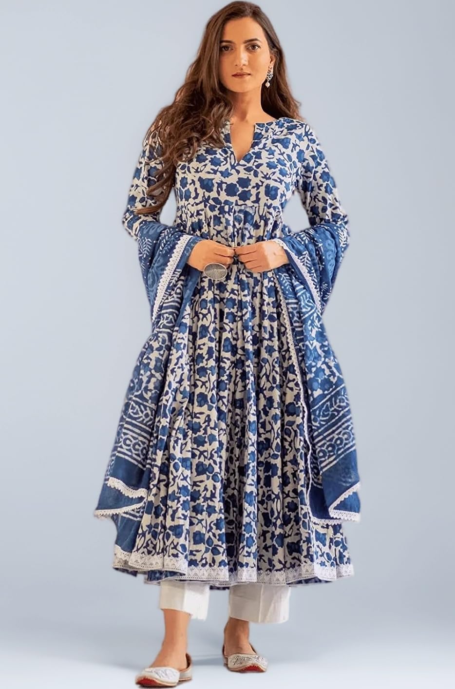 Women's Cotton Printed Anarkali Kurta with Palazzo & Dupatta Set