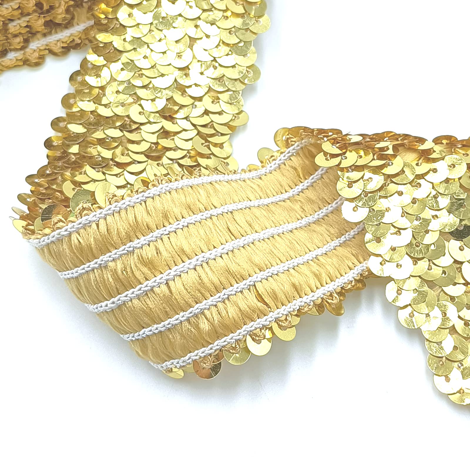 YOOGCORETT 2 Yards Gold Elastic Sequin Ribbon Trim - Glitter Metallic Stretch Flat for Sewing Dress, Costume Embellishments, Headband and Crafts - 1.8 Inch