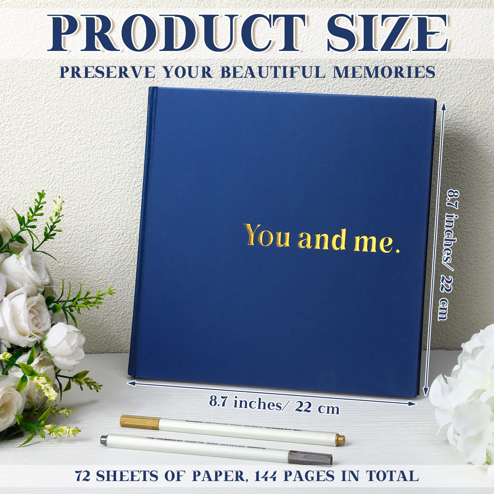 Colarr Album photo à couverture rigide pour couples - 144 pages - 22,1 x 22,1 cm - Album photo pour couple - Journal de souvenirs pour couple - Cadeau pour mariage - Avec 2 marqueurs (bleu marine, You