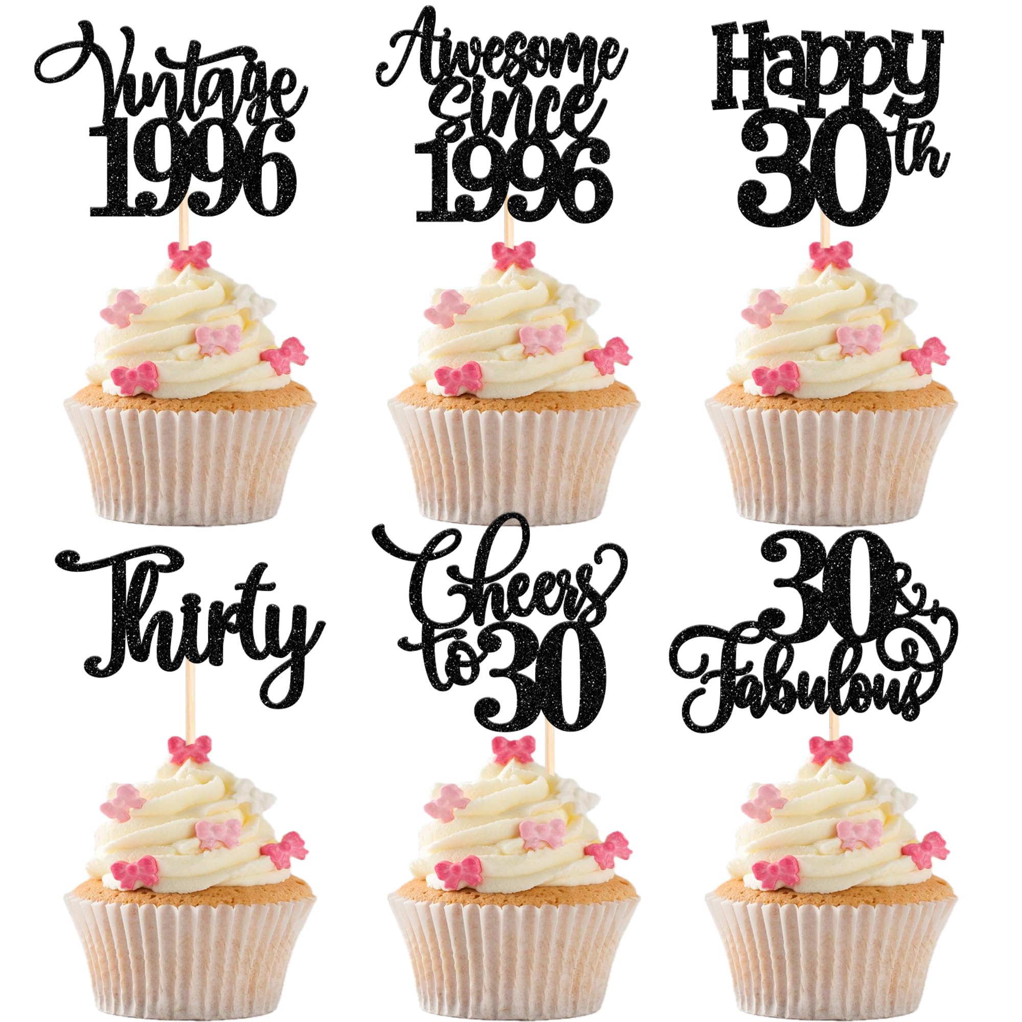 30 Stück Vintage 1996 Tortendeko Glitzer Happy 30th Thirty Awesome Since 1996 Cupcake Toppers 30 Fabulous Kuchen Deko für 30. Geburtstag Hochzeitstag Party Kuchen Dekorationen Schwarz