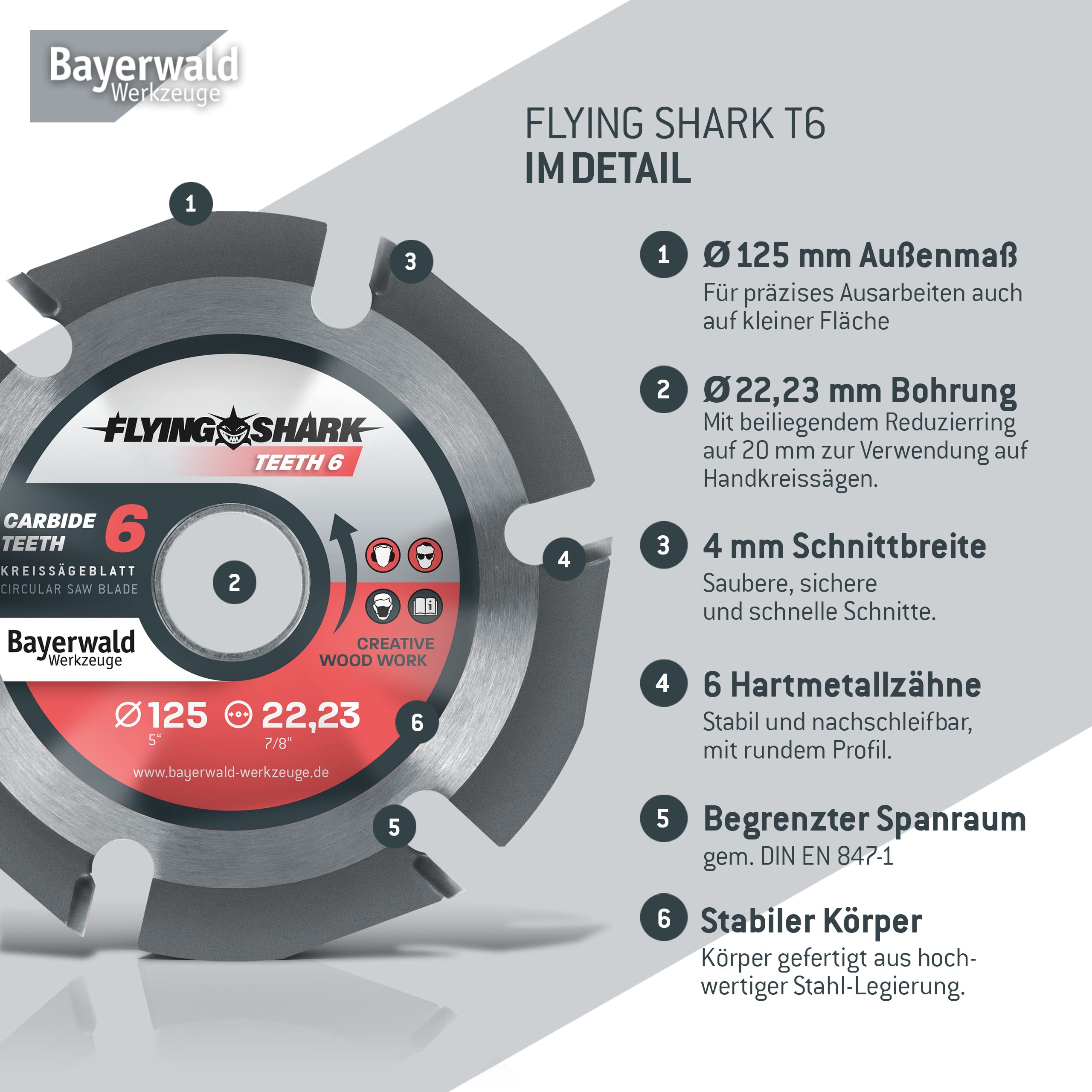 Bayerwald Flying Shark Ø 125 mm (6 dientes) Hoja de sierra para madera, tallado y eliminación de corteza, ideal para tallar energía
