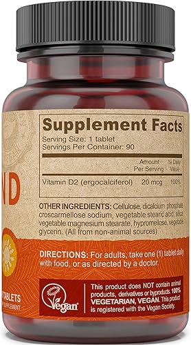 Miniatura 3 de Deva Vitamina D2 vegana 60 mcg 2400 UI, suplemento de ergocalciferol sin ingredientes animales, 90 tabletas, 1 paquete