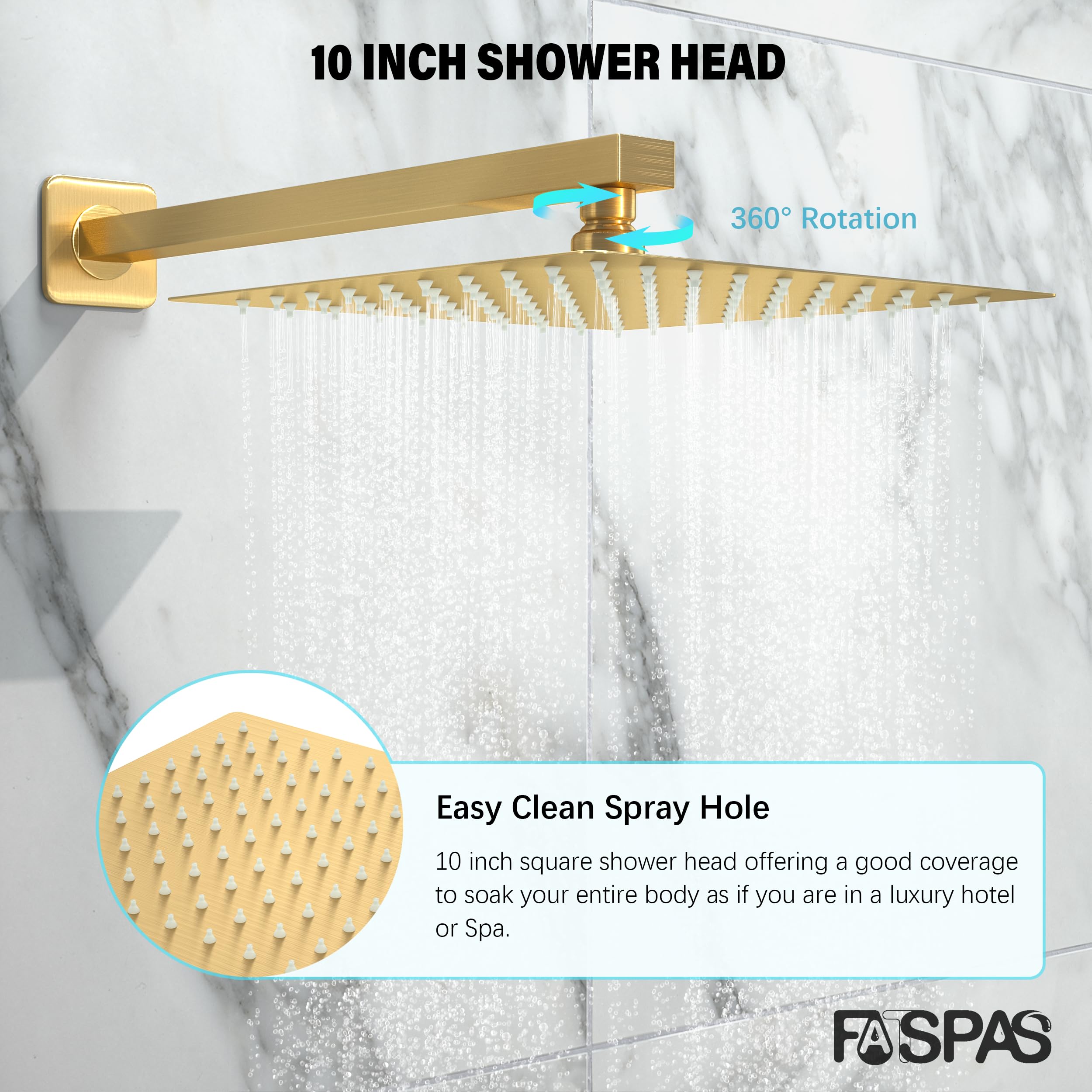 10 Inch Shower Faucet Set, Rainfall Shower System with Square Fixed Rain Shower Head and High Pressure Handheld Shower Head, Wall Mounted Rainfall Shower Fixtures, Brushed Gold